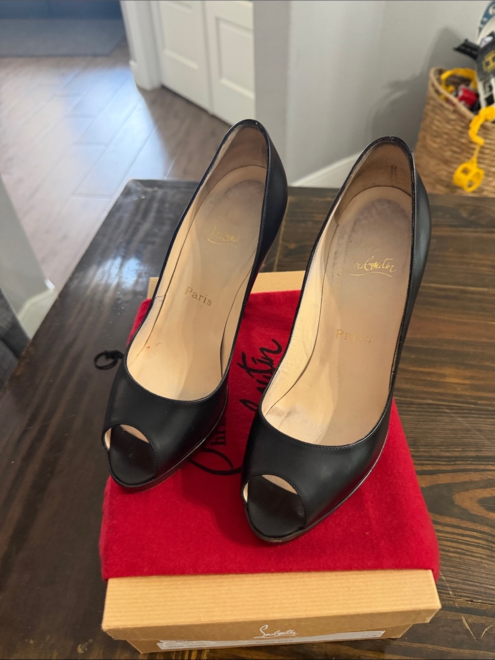 Christian Louboutin Black Peep-Toe Leather Pumps with Signature Red Sole